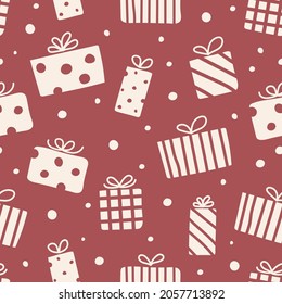 Concept of a seamless pattern with Christmas gift boxes. Xmas background. Vector