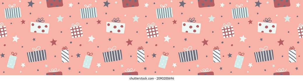 Concept of a seamless pattern with Christmas gift boxes. Xmas background. Banner. Vector