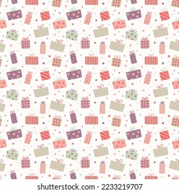 Concept of a seamless pattern with Christmas gift boxes. Xmas background. Banner. Vector
