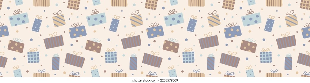 Concept of a seamless pattern with Christmas gift boxes. Xmas background. Banner. Vector