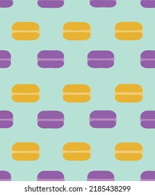 Concept of seamless pattern of macaroons on colored background. Vector illustration. Colored macaroons on blue background. Image as design element for design of banner posters menu posters.