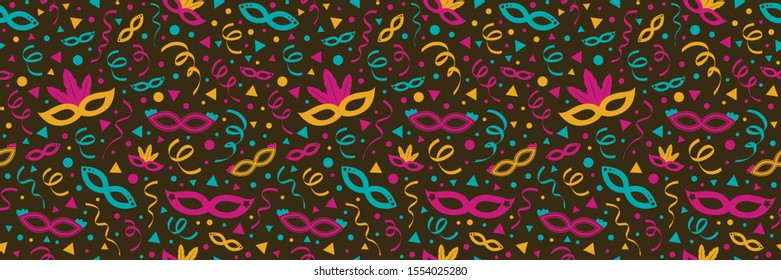 Concept of seamless pattern with party masks and serpentines. Vector