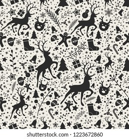 Concept of seamless texture with Christmas ornaments. Vector.