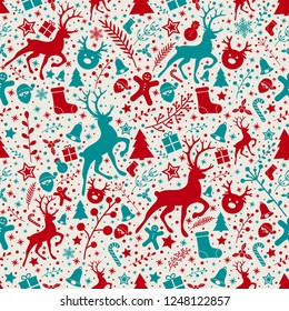 Concept of seamless texture with Christmas ornaments. Vector.
