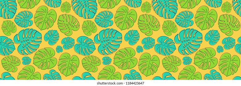 Concept of seamless texture with hand drawn tropical leaves. Vector.