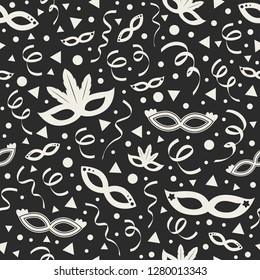 Concept of seamless texture with party masks and confetti. Vector