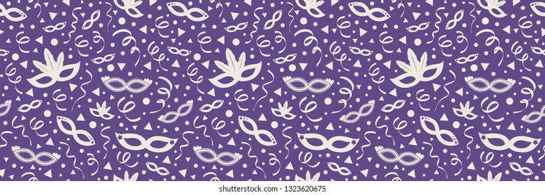 Concept of seamless texture with party masks and confetti. Vector