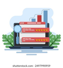 Konzept der Suchanalyse, Marketing-Tools, Website-Traffic, Marketing-Berichte, Analyse von Website-Daten und Untersuchung von Grafiken auf dem Bildschirm und Entwicklung von Strategien. flache Vektorgrafik.