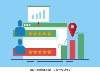 Concept of search analysis, marketing tools, website traffic, marketing reports, analytics analyzing site data and studying graphs on screen and developing strategies. flat vector illustration.