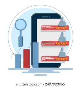 Concepto de análisis de búsqueda, herramientas de marketing, tráfico de Sitios web, informes de marketing, análisis de datos del sitio y estudio de gráficos en pantalla y desarrollo de estrategias. Ilustración vectorial plana.