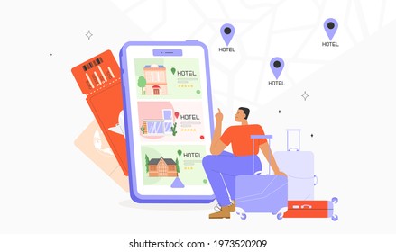 Concept of search or booking hotel. Male character uses a mobile application to make hotel reservations. On the phone screen different options for vacation hotes or hostels. Renting, buying.