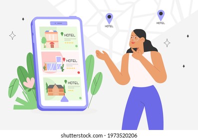 Concept of search or booking hotel. A young woman uses a mobile application to make hotel reservations. On the phone screen different options for vacation homes or hostels. Renting, buying.