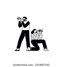 The concept of the search. The characters is searching, looking around. Searching for opportunities, solutions, new business ideas. People looking to the future, choosing the direction of development