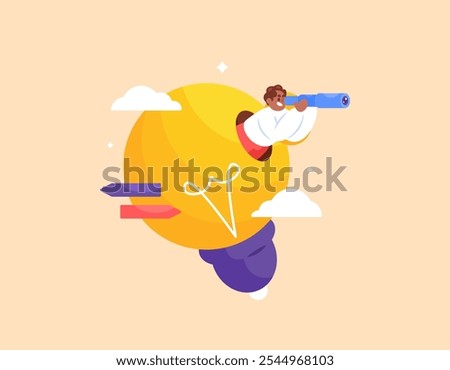 concept of search and creativity. searching for an idea, solution, innovation, and inspiration. problem solving. creative worker. illustration of a man using binoculars in a lamp. flat style design