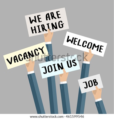 Concept of search employees. Men hands holding signs with text Vacancy, Job, We are hiring, Join us, Welcome. Flat design, vector illustration.