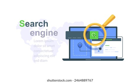 Concept of search engine with laptop computer search input stroke and magnifying glass on world map background flat vector illustration banner