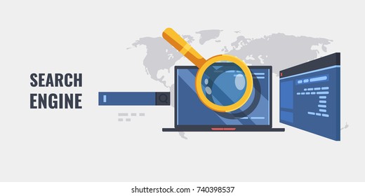 Concept of search engine with laptop computer search input stroke and magnifying glass on world map background flat vector illustration banner