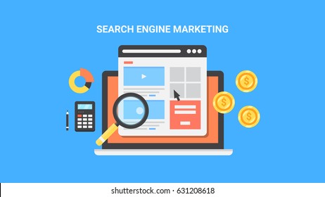 Concept For Search Engine Marketing, Paid Advertising, Pay Per Click Flat Vector Isolated On Blue Background