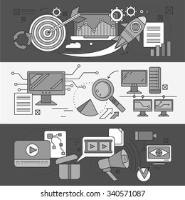 Concept search engine optimization. Analytic and analysis, development startup, diagram and statistic, management strategy, promotion project illustration. Set of thin, lines icons