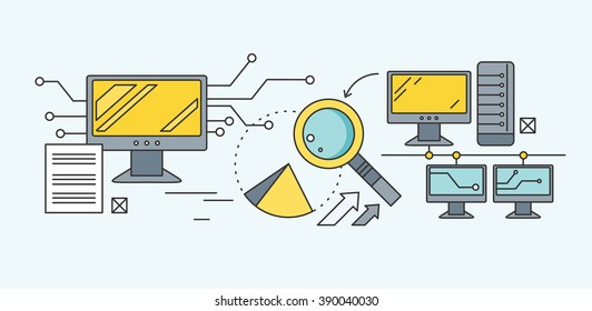 Concept search engine optimization. Analytic and analysis, development startup, diagram and statistic, management strategy, promotion project illustration. Set of thin, lines icons
