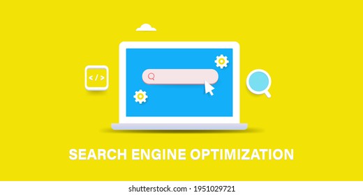 Concept of Search engine optimization, Search bar, SEO marketing - conceptual 3d style vector illustration with icons