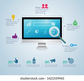 concept of search engine optimization development, realistic computer with seo icons for infographic