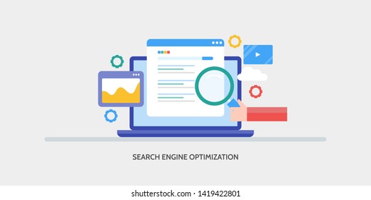 Concept of Search engine optimization, Search engine ranking, Search SERP, Seo, flat design banner illustration