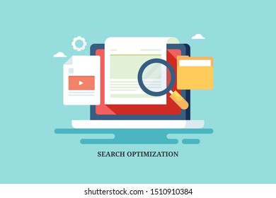 Concept of Search engine optimization, Searching on web, Content, Digital Marketing Service - Flat design vector banner with icons