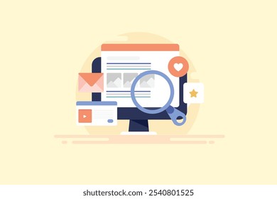 Concept of search engine optimization, Website ranking on search engine, SERP, SEO optimization for website ranking - vector illustration background with icons