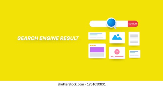 Concepto de la página de resultados del motor de búsqueda, resultado de búsqueda, optimización SEO - concepto creativo de estilo 3D aislado en fondo amarillo