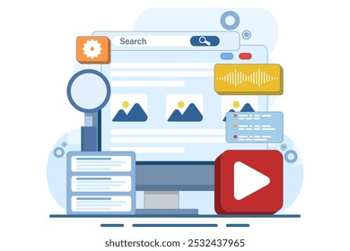 Concept of Search Engine results displayed in a web browser, Search engine optimization, Content marketing, SEO strategy High search engine rankings that drive target audience to a website.