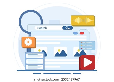 Concept of Search Engine results displayed in a web browser, Search engine optimization, Content marketing, SEO strategy High search engine rankings that drive target audience to a website.