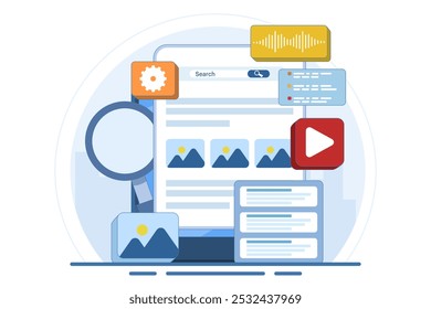 Concept of Search Engine results displayed in a web browser, Search engine optimization, Content marketing, SEO strategy High search engine rankings that drive target audience to a website.