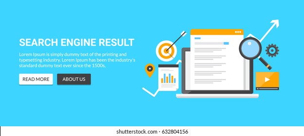 Concept for Search engine results page, results displayed by search engine flat vector banner with icons and texts