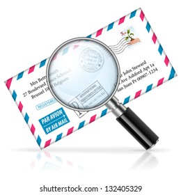 Concept Search Mail - Magnifier and Envelope with Stamp, vector icon isolated on white background