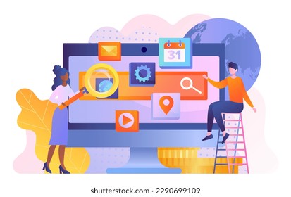 Concept of search. Man and woman with magnifying glass near computer screen. Internet sites and online information.