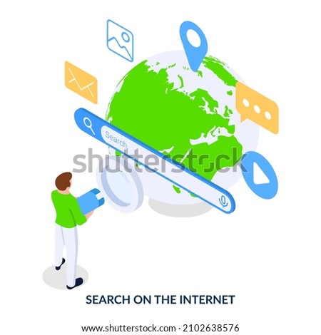 Concept of search on the Internet . Man with magnifying glass standing before search bar, planet and internet icons. Vector illustration on white background
