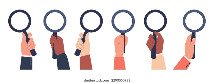 Concept of search, research and analysis, hands holding magnifying glass. Optical tool in hand. Observation or examination. Discovery symbol, website icon. Vector cartoon flat illustration