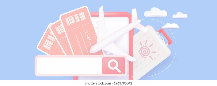 Concept search and sell Airline ticket online and book tickets via your smartphone. Horizontal vector banner in 3d style