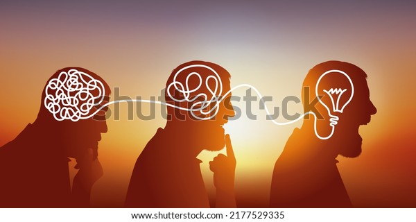 Concept of\
the search for a solution with a man seen in profile and his\
thinking process divided into three\
stages.