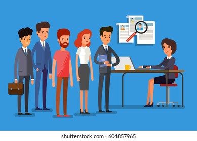 Concept of search staff. Creative people stand in line to the HR manager. Flat design, vector illustration.