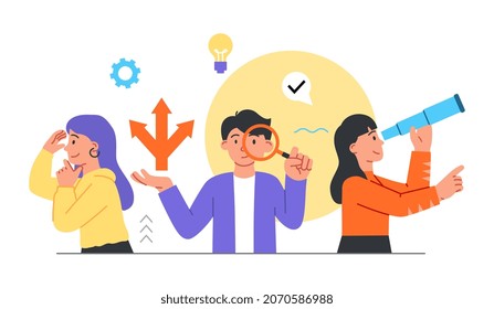 Concept of searching. Analyst team looking for best development paths. Group of people looks through magnifying devices. Metaphor of research, human searching. Cartoon flat vector illustration