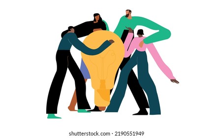 The concept of searching for brilliant ideas. Business team with light bulbs as symbols of solutions and knowledge. Flat vector demos, density on white background
