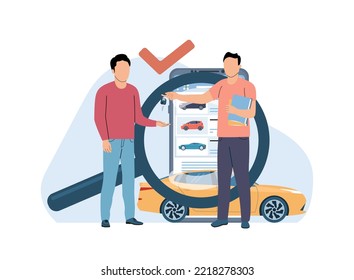 The concept of searching and choosing a suitable car in an application on a smartphone. A man found and buys a car. Vector illustration.