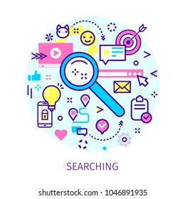 Concept of searching and content analyzing. Magnifying glass with icons in the style of line art. Flat design, lineart vector illustration