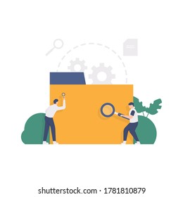 the concept of searching files or documents, data management. illustration of a team looking for something in a folder using magnifying glasses. flat design. can be used for elements, landing pages