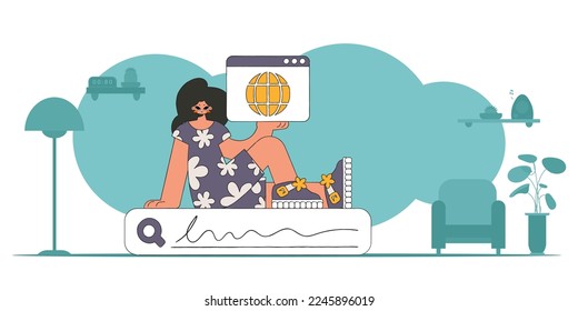 The concept of searching for information. The girl sits on the search line and holds a web browser in her hands. Retro style character.