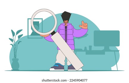 The concept of searching for information. The guy is holding a magnifying glass in his hands. Retro style character.