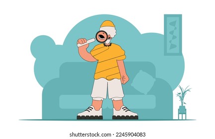 The concept of searching for information. The guy is holding a magnifying glass. Retro style character.