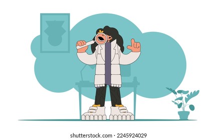 The concept of searching for information. The guy is holding a magnifying glass in his hands. Linear retro style character.